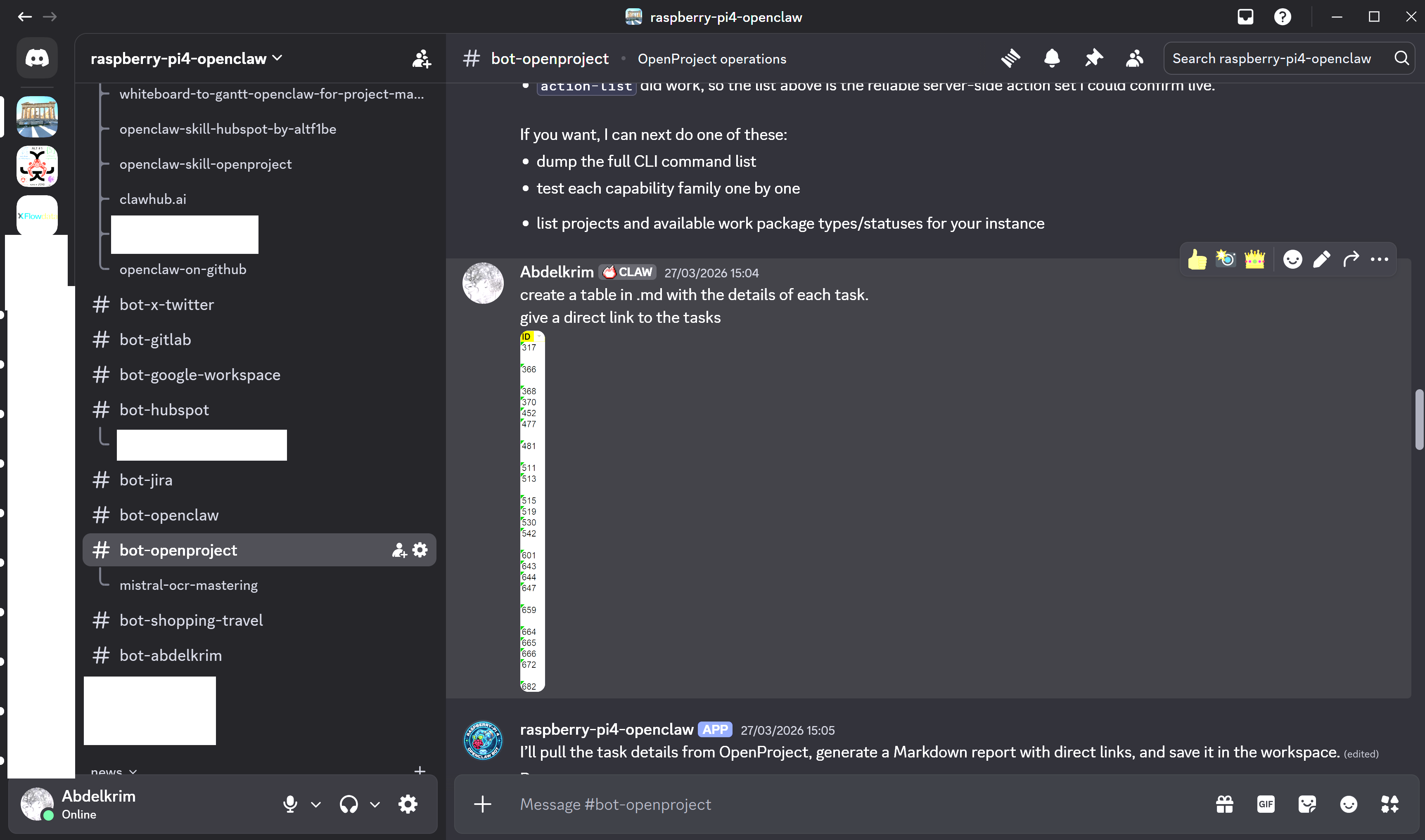 Request made to OpenProject through an OpenClaw skill in Discord